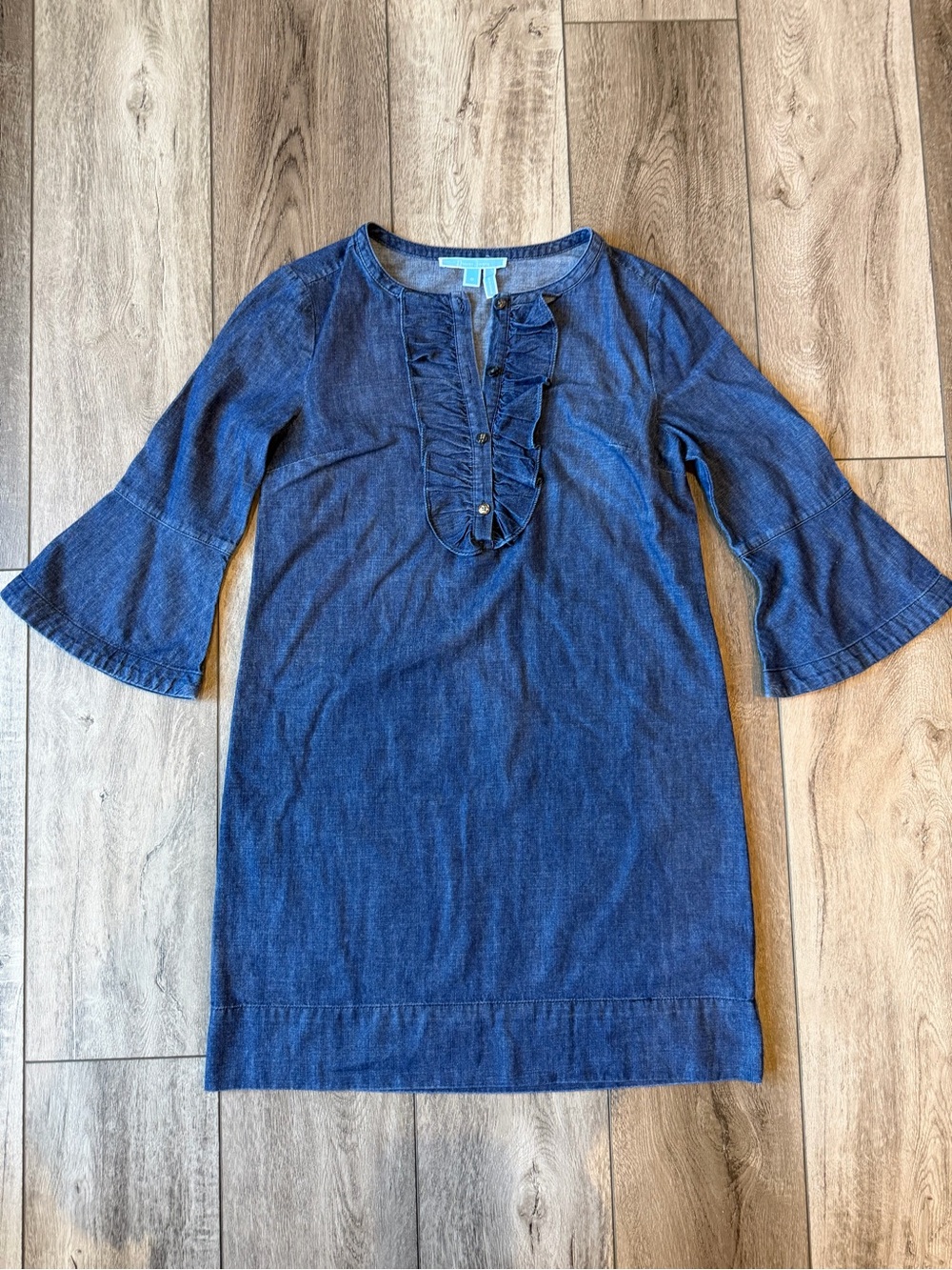 Draper James-Chambray Preppy Denim Ruffle Front Bell Sleeve Dress-Tailgate Ready